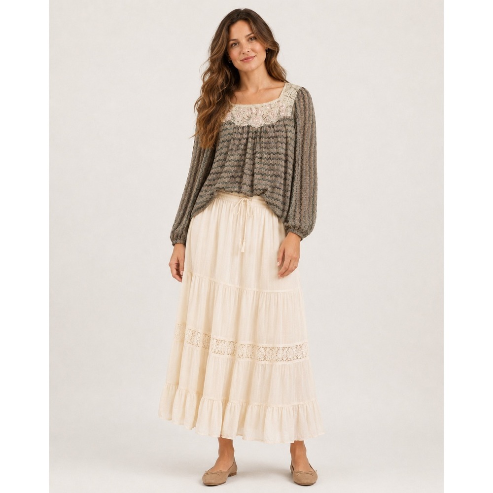 Free People New Romantics Top Womens XS‎ Brown Striped Lace Beaded Boho Prairie